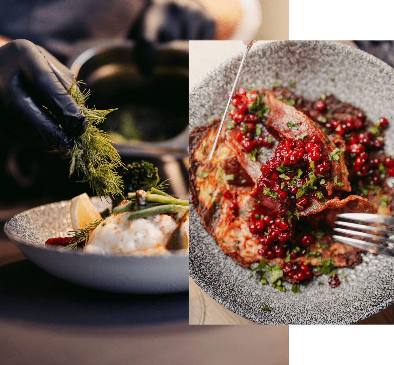 Kok fra Nilssons Restaurang & Bar lægger mad på en tallerken og en tallerken med svinekød toppet med tyttebær og krydderier.