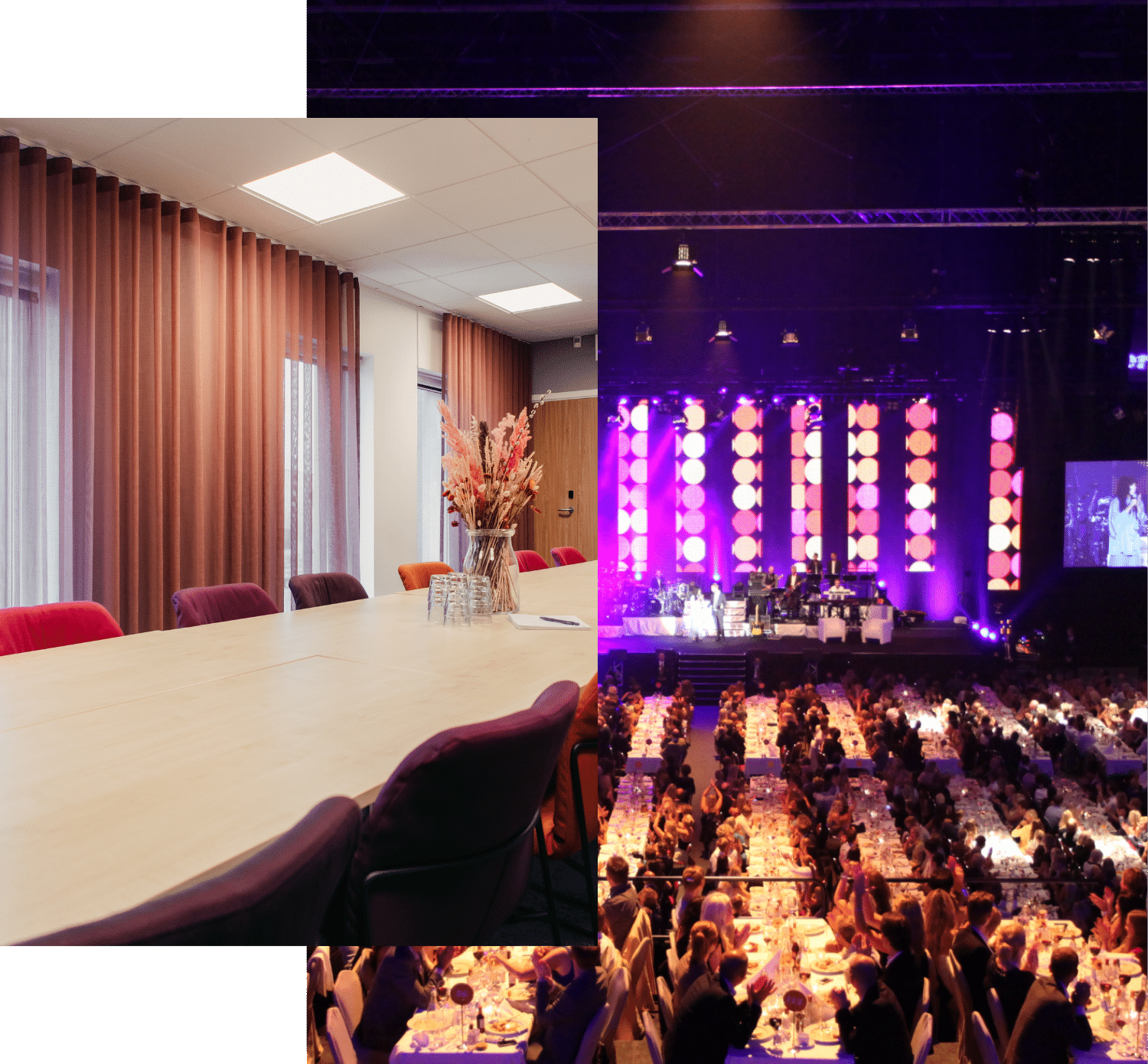 Two different conference rooms. A smaller one with a wooden table and purple chairs. A larger one with set long tables and a stage with lighting.