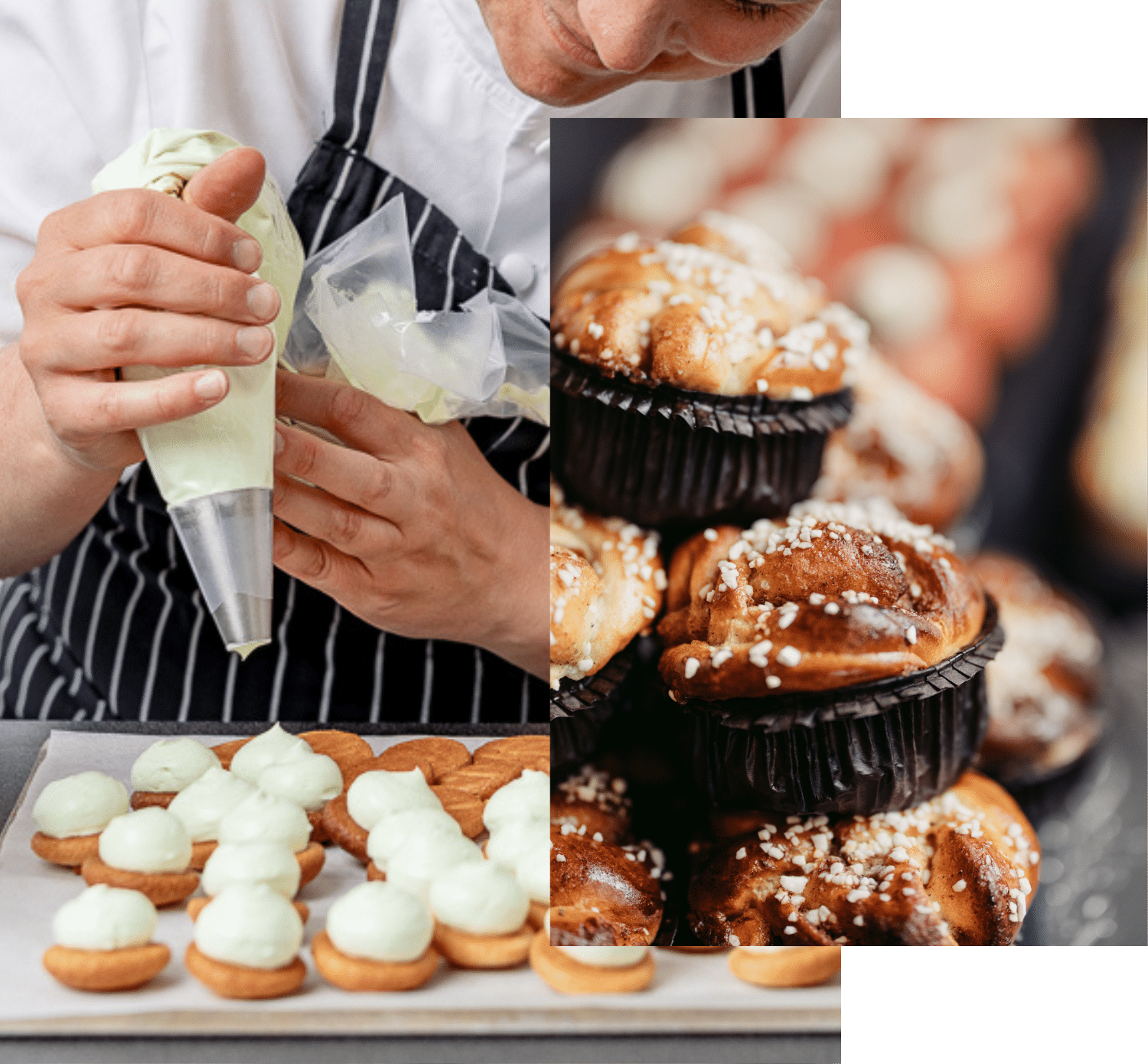 A pastry chef decorates cakes with icing and a close-up of cinnamon buns topped with pearl sugar in front of a fully booked conference room.