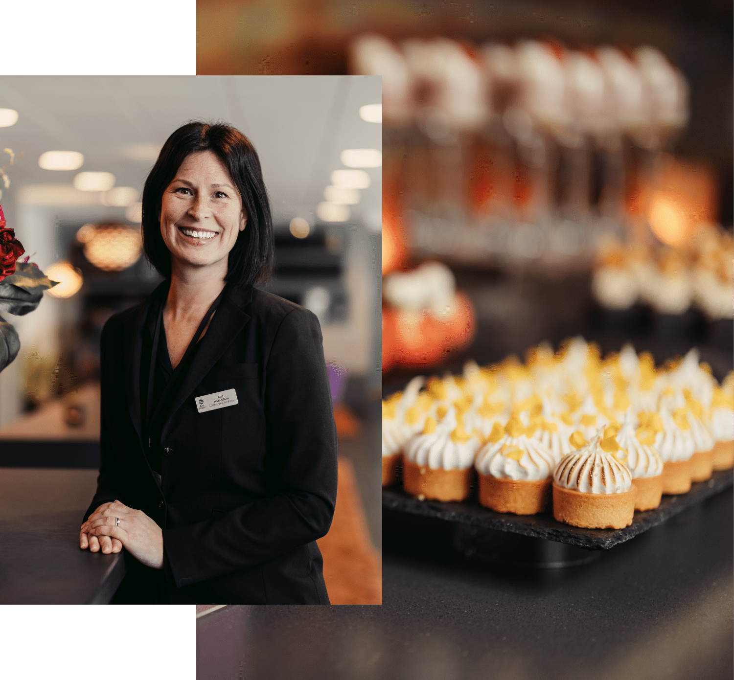 A woman with a welcoming smile in a black blazer for a conference in front of a collection of delicious lemon meringue pastries.
